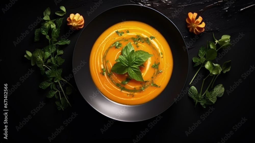 Poster pumpkin and carrot soup with cream and basil in black plate over dark background top view copy space