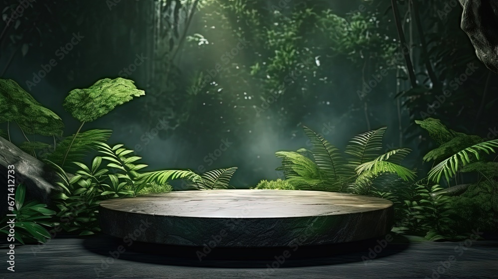 Poster stone platform in tropical green forest for product presentation. 3d rendering