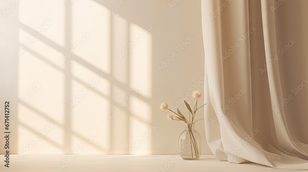 Poster Minimalistic abstract gentle light beige background for product presentation with light and shadow of window curtains on wall.