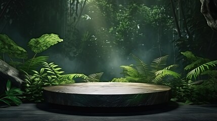 Stone platform in tropical green forest for product presentation. 3d rendering