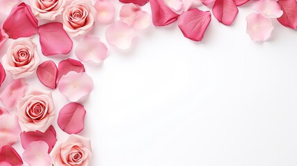 Rose and petals roses on a white background. Overhead top view, flat lay. Copy space. Birthday, Mother's, Valentines, Women's, Wedding Day concept.