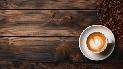 Coffee time! Flatlay mug with latte coffee on wood stump table. Minimalist morning breakfast background. Aesthetic flat lay, top view still life lifestyle concept
