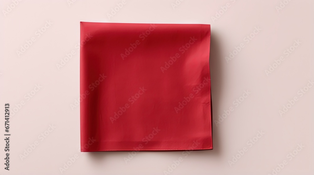Aufkleber top view with red empty kitchen napkin isolated on table background. folded cloth for mockup with co