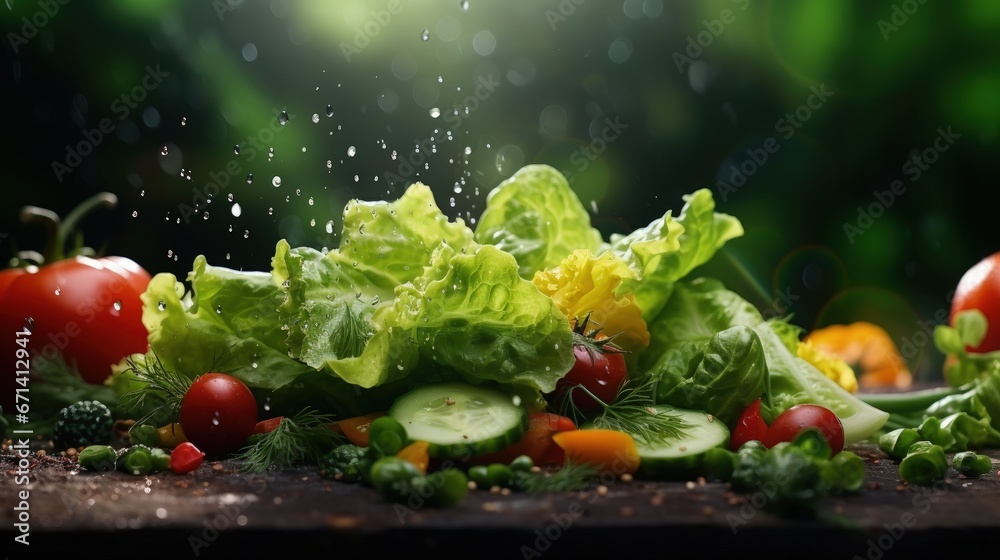 Poster fresh salad greens of lettuce with spices and fresh vegetables.vegetarian and healthily cooking conc