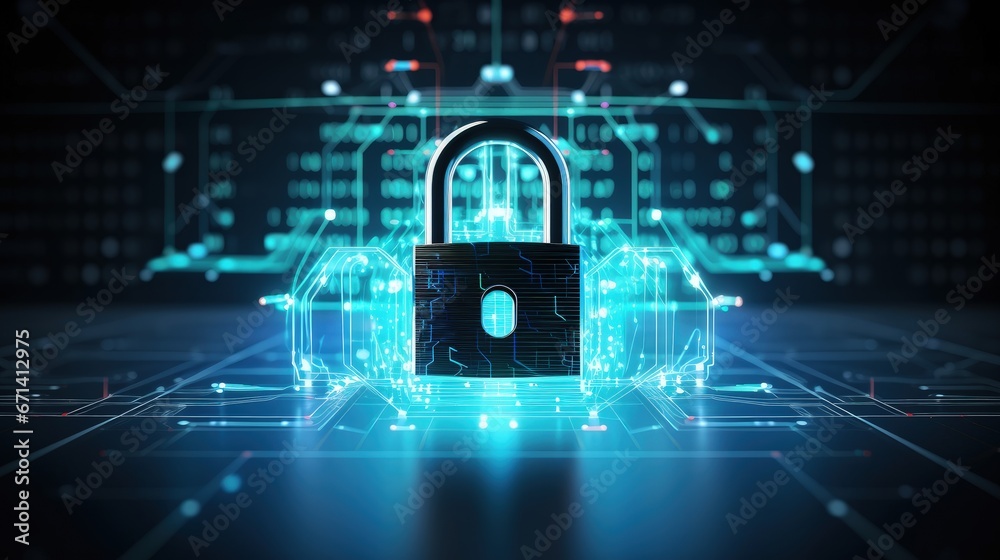 Fototapete protect user privacy network and private data access with padlock icon. cyber security concept.