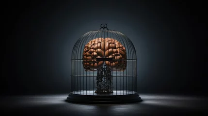 Fotobehang Psychiatry and psychology, helpless mind and hopeless mental state, consciousness and depression conceptual idea with a human brain in a dark cage isolated on black background with copyspace © HN Works