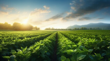 Soy field and soy plants in early morning light. Soy agriculture