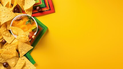 Cinco-de-mayo concept. Top view photo of traditional food nacho chips salsa sauce chilli tequila with salt lime sombrero serape cactus and maracas on isolated vivid yellow background with copyspace