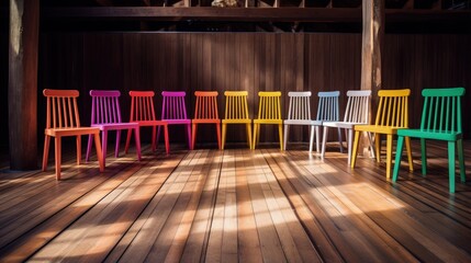 Colorful wooden chairs on wooden floor