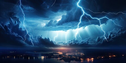 Bright lightning that lit up the dark night sky during an electrical storm. Thunderstorm concept by Generative AI