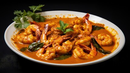Shrimp masala fish curry Chemmeen curry in coconut milk tiger Prawns balchao Curry. Spicy Kerala fish curry Indian seafood non veg food side dish rice appam Goan Tamil Nadu Bengal Sri Lankan