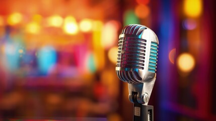 Retro microphone against blur colorful light restaurant background - obrazy, fototapety, plakaty
