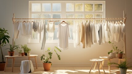 Obraz na płótnie Canvas Clean laundry hanging on drying rack indoors