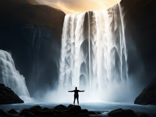 La silueta de una persona se encuentra frente a una poderosa cascada, con los brazos extendidos - obrazy, fototapety, plakaty