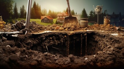 Emptying household septic tank. Cleaning sludge from septic system. - obrazy, fototapety, plakaty