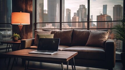 Laptop placed on a modern table standing by the black sofa in man living room interior with window - obrazy, fototapety, plakaty