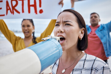 Asian woman, climate change and megaphone protest with crowd protesting for environment and global warming. Save the earth, activism and angry female shouting on bullhorn to stop beach pollution. - obrazy, fototapety, plakaty