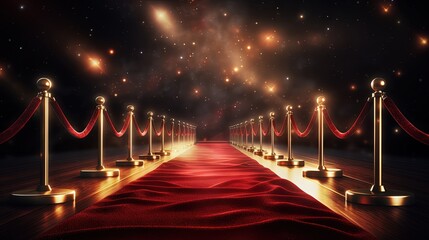 3d rendering red carpet and rope barrier with shining spotlights