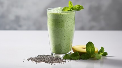 A vibrant green herbal smoothie, topped with chia seeds and mint, set against a clean white plane.