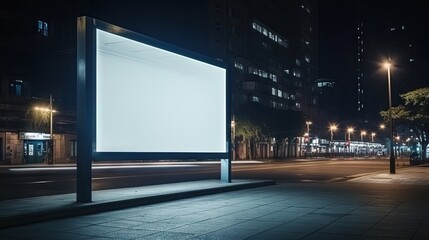 Modern Empty space advertisement board, blank white signboard in city in night, Bus stand empty billboard in night, Marketing banner ad space in city, Advertisement billboard on bus stand in city - obrazy, fototapety, plakaty