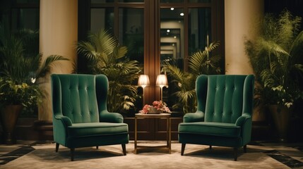 Empty stylish rustic welcoming hotel lounge interior with luxurious green chairs and sofa ready for arriving guests. Travel vacation accommodation check in counter desk, slow motion