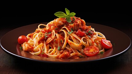 Linguine pasta with squid and cherry tomato in tomato sauce in white plate - obrazy, fototapety, plakaty