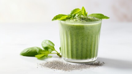 A vibrant green herbal smoothie, topped with chia seeds and mint, set against a clean white plane.