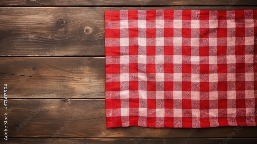 Aufkleber Red picnic cloth on wooden background.Napkin tablecloth on old wood with empty space for text.