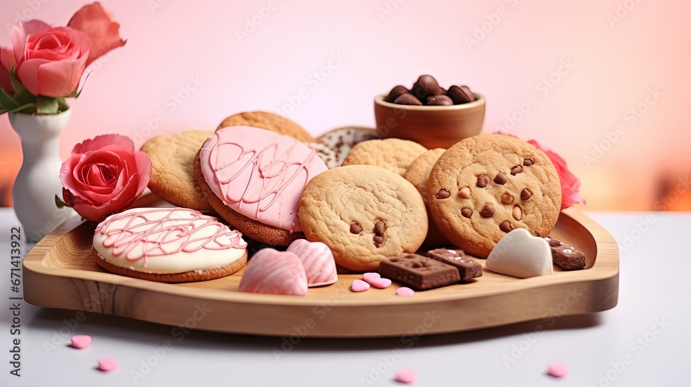 Poster Board with tasty cookies for Valentine's Day celebration on light background, closeup