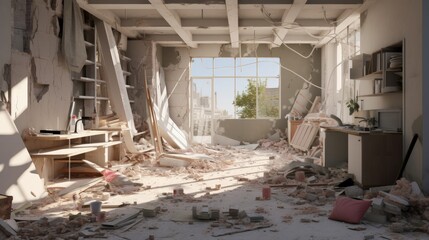Interior of a ground floor unit under renovation with collapsed walls and debris to be collected - obrazy, fototapety, plakaty