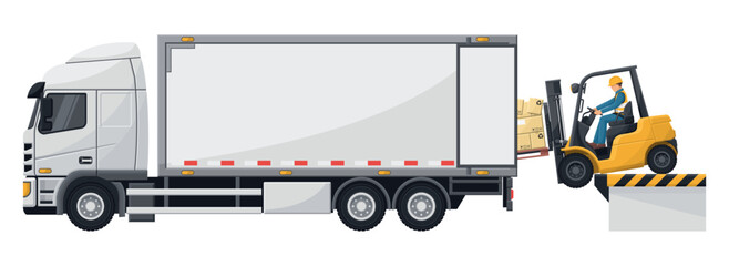 Overturning of forklift loading pallet of boxes to a cargo truck. Stay inside the cabin. Safety in handling a fork lift truck. Security First. Work accident. Industrial Safety and Occupational Health © Ipajoel
