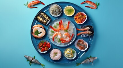 Various seafood and fishes dishes. Healthy food concept on blue background, top view