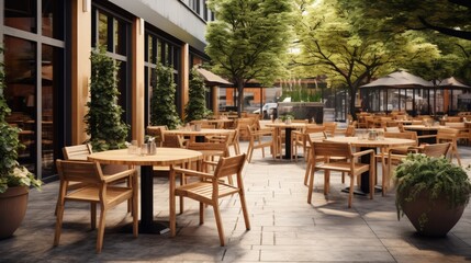 Fototapeta na wymiar Outdoor restaurant terrace with wooden furniture in scandinavian style. Eco-friendly authentic design.