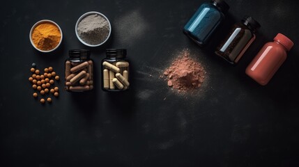 Sports supplements and dumbbells close-up on a dark background. Flat lay composition with protein and creatine. - obrazy, fototapety, plakaty