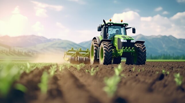 Spring sowing season. Farmer with a tractor sows corn seeds on his field. Planting corn with trailed planter. Farming seeding. The concept of agriculture and agricultural machinery.
