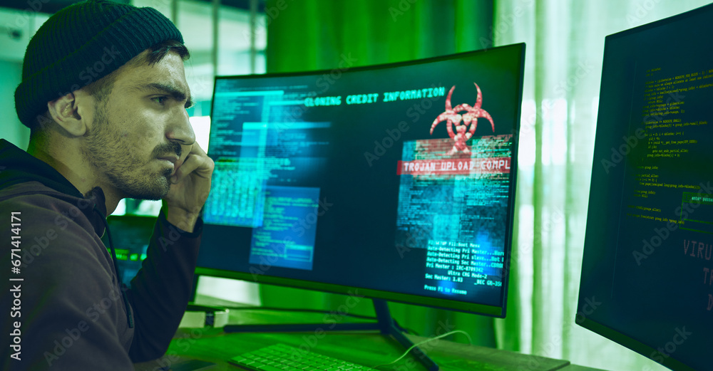 Aufkleber computer screen, programming or identity theft with hacker man for phishing, scam or financial fraud