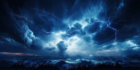 Bright lightning that lit up the dark night sky during an electrical storm. Thunderstorm concept by Generative AI - obrazy, fototapety, plakaty