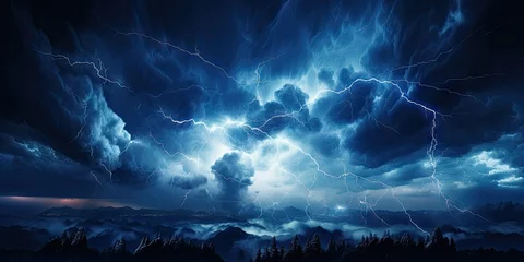 Gardinen Bright lightning that lit up the dark night sky during an electrical storm. Thunderstorm concept by Generative AI © chartchai