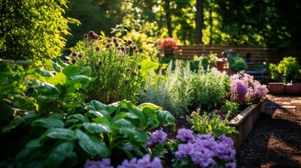 A vibrant herb garden with various aromatic plants, releasing their fragrance in the warm sun.