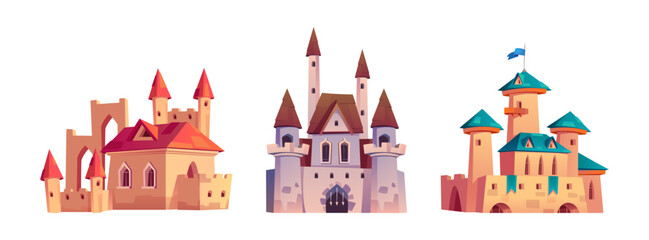 Set of medieval castles isolated on white background. Vector cartoon illustration of fairytale kingdom palaces with towers, old royal fortresses with stone walls, gothic windows, iron bars on gates