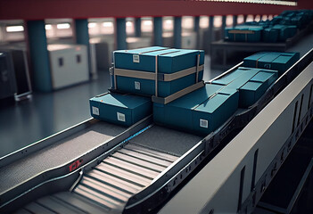 Conveyor for baggage in a multi-storey airport terminal. Suitcases and baggage on the conveyor belt on the way to the plane. AI generative.