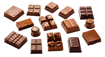Set of chocolate pieces isolated on transparency background, multiple angle - Generative AI