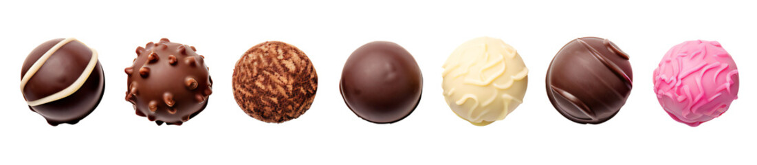 Various chocolate pralines isolated on white background. Top view - Generative AI - obrazy, fototapety, plakaty