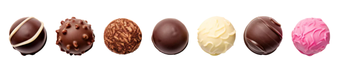Foto op Plexiglas Various chocolate pralines isolated on white background. Top view - Generative AI © seogi