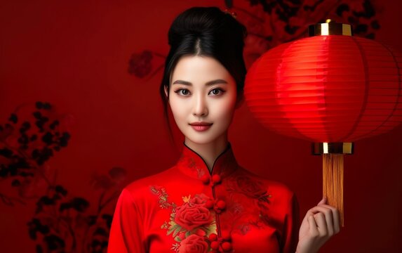 Happy Spring Festival Poster. Chinese New Year banner template. Pretty Asian woman in traditional red clothes holding a red lantern on bright red background, copy space. AI Generative