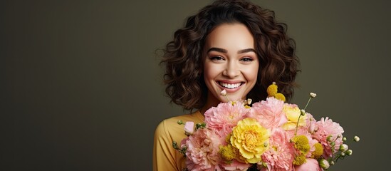 Smiling young woman in yellow dress with bouquet of pink spring flowers