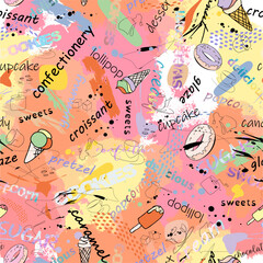 Vector abstract seamless pattern with sweets text, titles, illustrations and chaotic spots, blots. Suitable for wallpaper, wrapping paper or fabric. 