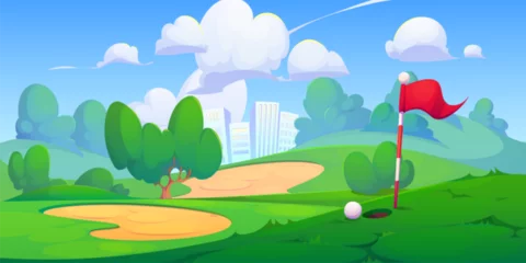 Foto op Canvas Cartoon golf field in city park with hole, pin flag, and ball. Vector summer town landscape with golfcourse on hills with green grass and sand areas over multistorey buildings and clouds in sky. © klyaksun
