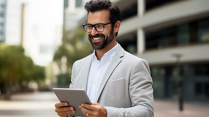 Smiling senior CEO with tablet in front of office building. Confident male entrepreneur analyzing report over laptop while standing with office background. Business, marketing, advertising. - obrazy, fototapety, plakaty