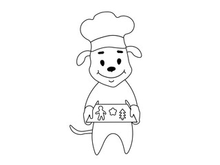 Cheerful baker,cook, doodle black and white dog with gingerbread